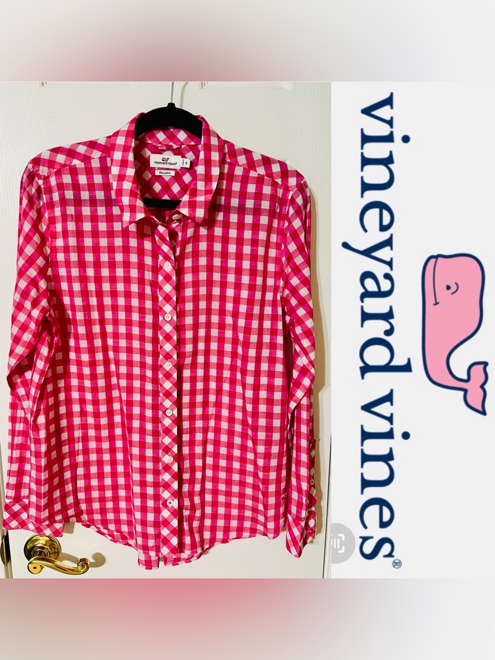 Vineyard Vines Hot Pink/White Gingham Relaxed Fit Button Down Top-Sz 12